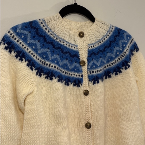 Handknit One of a Kind Handmade Cream + Blue Fair Isle Norwegian Style Cardigan - Picture 2 of 16